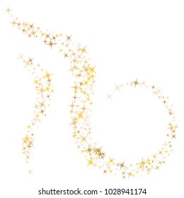 Gold star dust sparkle vector on white. Glowing cosmic background with gold star elements flying. Golden glitter dust confetti, magic shining sparkles vector. Starry flyer background.