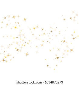 Gold star dust sparkle vector on white. Bright cosmic background with gold star elements flying. Golden glitter dust confetti, magic shining sparkles vector. Starry card background.