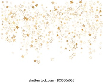 Gold star dust sparkle vector on white. Festive cosmic background with gold star elements flying. Gold glitter dust confetti, magic shining sparkles design vector. Starry card background.