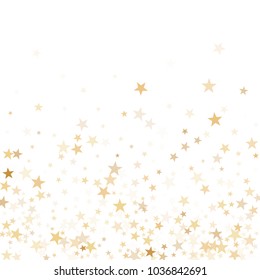 Gold star dust sparkle vector on white. Flying cosmic background with gold star elements flying. Golden glitter dust confetti, magic shining sparkles design. Starry carnival decor.