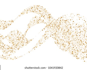 Gold star dust sparkle vector on white. Stylish cosmic background with gold star elements flying. Gold glitter dust confetti, magic shining sparkles scatter design. Starry New Year decor.