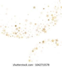 Gold star dust sparkle vector on white. Beautiful cosmic background with gold star elements flying. Gold glitter dust confetti, magic shining sparkles scatter design. Starry birthday decor.