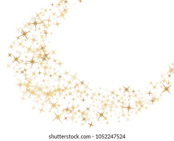 Gold star dust sparkle vector on white. Chaotic cosmic background with gold star elements flying. Golden glitter dust confetti, magic shining sparkles vector. Starry background graphics.