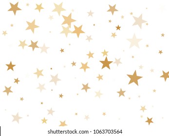 Gold star dust sparkle vector on white. Fashionable cosmic background with gold star elements flying. Golden glitter dust confetti, magic shining sparkles vector. Starry Christmas decor.