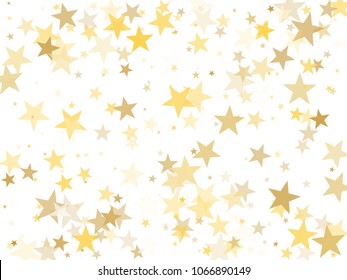 Gold star dust sparkle vector on white. Chaotic cosmic background with gold star elements flying. Golden glitter dust confetti, magic shining sparkles vector. Starry carnival decor.