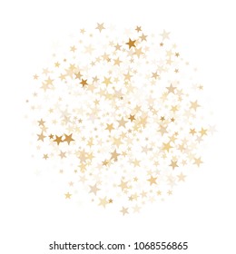 Gold star dust sparkle vector on white. Decorative cosmic background with gold star elements flying. Gold glitter dust confetti, magic shining sparkles scatter design. Starry flyer background.