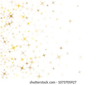 Gold star dust sparkle vector on white. Luxurious cosmic background with gold star elements flying. Golden glitter dust confetti, magic shining sparkles design. Starry poster background.