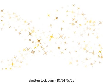 Gold star dust sparkle vector on white. Flying cosmic background with gold star elements flying. Golden glitter dust confetti, magic shining sparkles vector. Starry banner background.