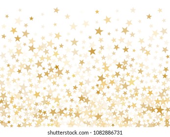 Gold star dust sparkle vector on white. Fashionable cosmic background with gold star elements flying. Gold glitter dust confetti, magic shining sparkles scatter vector. Starry carnival decor.