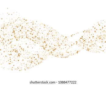 Gold star dust sparkle vector on white. Twinkle cosmic background with gold star elements flying. Gold glitter dust confetti, magic shining sparkles scatter design. Starry holiday party decor.
