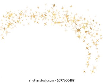 Gold star dust sparkle vector on white. Festive cosmic background with gold star elements flying. Gold glitter dust confetti, magic shining sparkles scatter vector. Starry New Year decor.