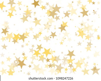 Gold star dust sparkle vector on white. Fashionable cosmic background with gold star elements flying. Golden glitter dust confetti, magic shining sparkles design. Starry banner background.