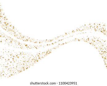 Gold star dust sparkle vector on white. Stylish cosmic background with gold star elements flying. Gold glitter dust confetti, magic shining sparkles design vector. Starry birthday decor.
