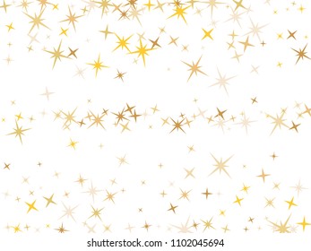 Gold star dust sparkle vector on white. Luxurious cosmic background with gold star elements flying. Gold glitter dust confetti, magic shining sparkles scatter design. Starry flyer background.