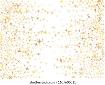 Gold star dust sparkle vector on white. Light cosmic background with gold star elements flying. Gold glitter dust confetti, magic shining sparkles design vector. Starry holiday party decor.