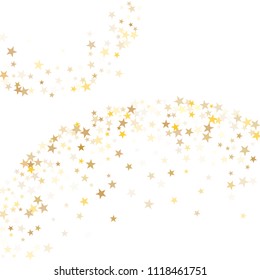 Gold star dust sparkle vector on white. Flying cosmic background with gold star elements flying. Gold glitter dust confetti, magic shining sparkles scatter vector. Starry flyer background.