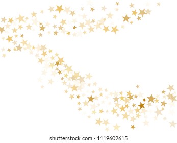 Gold star dust sparkle vector on white. Metallic golden cosmic background with gold star elements flying. Gold glitter dust confetti, magic shining sparkles scatter design. Starry placard background.