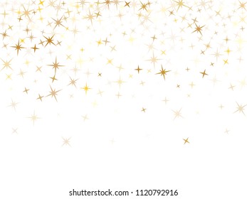 Gold star dust sparkle vector on white. Carnival cosmic background with gold star elements flying. Golden glitter dust confetti, magic shining sparkles design. Starry background graphics.