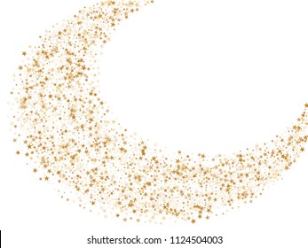 Gold star dust sparkle vector on white. Carnival cosmic background with gold star elements flying. Gold glitter dust confetti, magic shining sparkles scatter vector. Starry Christmas decor.