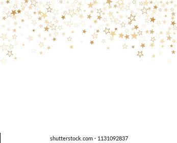 Gold star dust sparkle vector on white. Chaotic cosmic background with gold star elements flying. Golden glitter dust confetti, magic shining sparkles vector. Starry placard background.