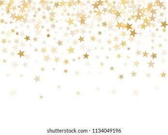 Gold star dust sparkle vector on white. Stylish cosmic background with gold star elements flying. Gold glitter dust confetti, magic shining sparkles design vector. Starry New Year decor.