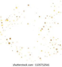 Gold star dust sparkle vector on white. Trendy cosmic background with gold star elements flying. Golden glitter dust confetti, magic shining sparkles design. Starry festive decor.