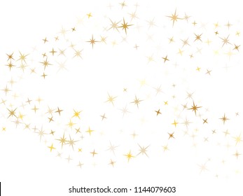 Gold star dust sparkle vector on white. Twinkle cosmic background with gold star elements flying. Gold glitter dust confetti, magic shining sparkles scatter vector. Starry flyer background.