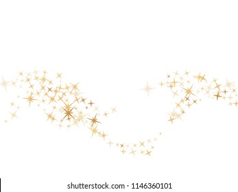 Gold star dust sparkle vector on white. Shiny cosmic background with gold star elements flying. Gold glitter dust confetti, magic shining sparkles scatter vector. Starry poster background.