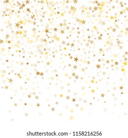 Gold star dust sparkle vector on white. Carnival cosmic background with gold star elements flying. Golden glitter dust confetti, magic shining sparkles design. Starry poster background.