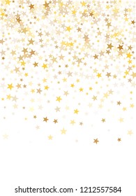 Gold star dust sparkle vector on white. Bright cosmic background with gold star elements flying. Golden glitter dust confetti, magic shining sparkles design. Starry flyer background.