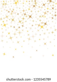 Gold star dust sparkle vector on white. Stylish cosmic background with gold star elements flying. Gold glitter dust confetti, magic shining sparkles scatter design. Starry carnival decor.