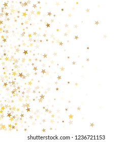 Gold star dust sparkle vector on white. Light cosmic background with gold star elements flying. Gold glitter dust confetti, magic shining sparkles scatter vector. Starry decoration.