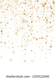 Gold star dust sparkle vector on white. Festive cosmic background with gold star elements flying. Golden glitter dust confetti, magic shining sparkles design. Starry banner background.