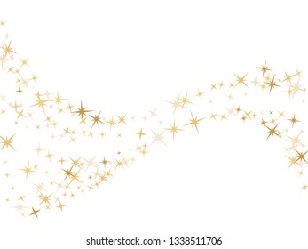 Gold star dust sparkle vector on white. Luxurious cosmic background with gold star elements flying. Gold glitter dust confetti, magic shining sparkles design vector. Starry flyer background.