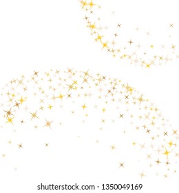 Gold star dust sparkle vector on white. Cool cosmic background with gold star elements flying. Golden glitter dust confetti, magic shining sparkles design. Starry poster background.