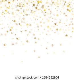 Gold star dust sparkle vector on white. Chaotic cosmic background with gold star elements flying. Gold glitter dust confetti, magic shining sparkles scatter vector. Starry festive decor.