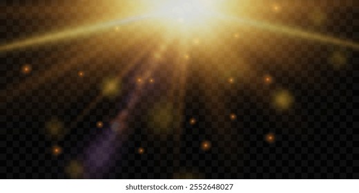 Gold star with gold dust and sparkles. Flare effect. Special lens flare, light effect. Light from rays. Vector illustration.