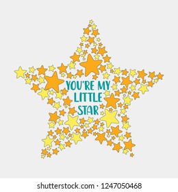 Gold star falling Pattern. Gold Yellow isolated pattern for your project. Grey background.  Chaotic Decor. Modern Creative Starlight Style. Vector illustration for invitation.