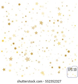 Gold Star Falling Print. Yellow Starry Background. Vector Confetti Star Background. Starlight Night. Golden Starlit Card. Confetti Fall Chaotic Decor