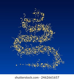 Gold Star Flying Vector Blue Background. Paper Spiral Illustration. Confetti Falling Poster. Golden Carnival Design.