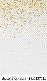 Goldener Star-Fliegender, transparenter Hintergrund. Festliches Serpentine-Poster. Spiral Falling Template. Goldenes Jubiläumsdesign.