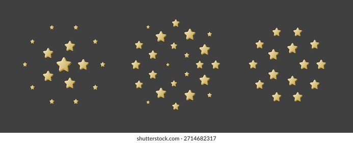 Gold star frame on dark background, gold star frame made of golden 3D stars arranged in a circle. Festive gold star frame for awards, ratings, reviews, holidays, badges and decorative design.