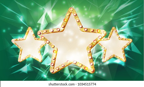 Gold Star Frame Vector. Beauty Diamond Three Star Emblem. Rays. Shine Lamp. Advertising Design Element. Decoration Illustration
