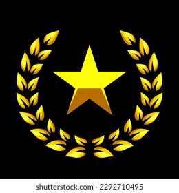 Gold star and golden laurel wreath. Military rank icon, game achievement rating, battle award, reward signs. Sports trophy logo.