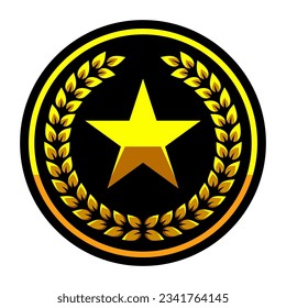 Gold star and golden laurel wreath. Military rank icon, game achievement rating, battle award, reward signs. Sports trophy logo.