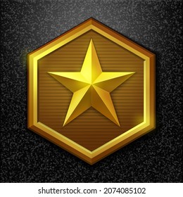 Gold star. Golden military rank icon, game achievement rating, battle award, reward signs. Vector illustration.