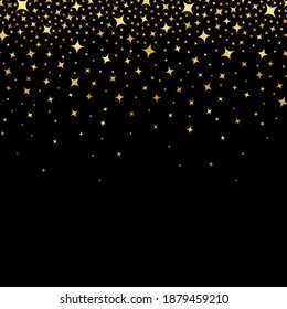 Gold star. Golden shooting stars. Falling star. Sparkle stardust. Gold starry on black background. Abstract scatter bright sparks. Random glitter particle for design prints. Irregular stars. Vector