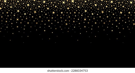 Gold star. Golden shooting stars. Falling star. Sparkle stardust. Gold starry on black background. Abstract scatter bright sparks. Random glitter particle design. Irregular stars. Vector illustration