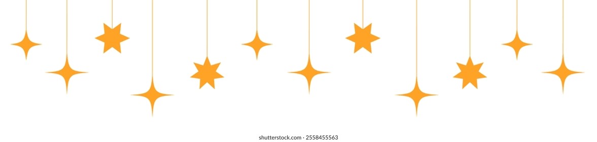 Gold star header.Stars Hanging Decoration.Seamless twinkle for Christmas,New year time,party,birthday,Holiday concept.Set yellow stars isolated on transparent background.Vector illustration EPS 10