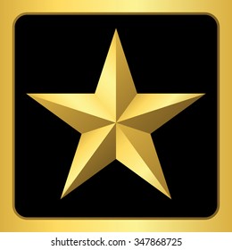 Gold star icon. Pentagonal sign with gradient. Elegant symbol of achievements and victories. Design element for your logo, Product quality rating, etc isolated on black background. Vector illustration
